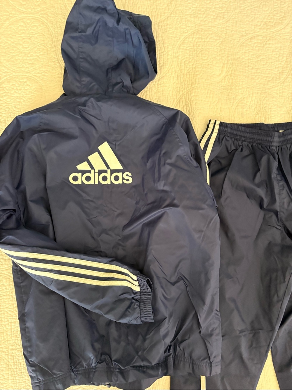 adidas Kids Navy and White Hooded Rain Jacket and Pants Set